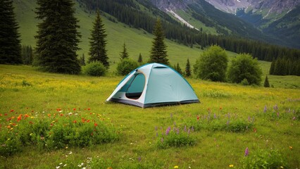 Solitude Amongst Wildflowers: Camping in a Mountain Meadow Beneath Towering Pines and Majestic Peaks for a Refreshing Getaway.