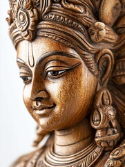 Serene Wooden Statue Close Up Intricate Carving and Warm Brown Tones