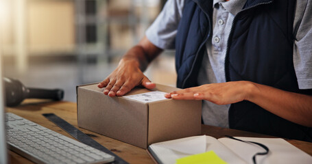 Supply chain, box and woman with label for delivery sticker, logistics and inventory for ecommerce. Courier hands, warehouse and employee with distributor for planning, shipping or supplier stock