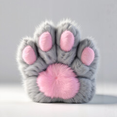 fluffy cat paw with pink pads on plain background
