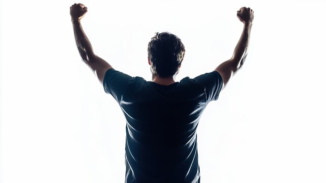 Silhouette of a Man Celebrating Victory Against White Background