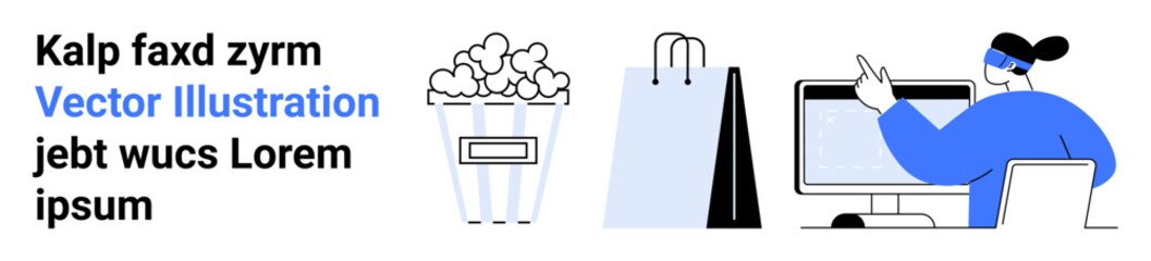 Person using a desktop to browse with shopping bags and popcorn beside. Ideal for online shopping, entertainment, retail, marketing, consumer behavior, digital lifestyle, simple landing page