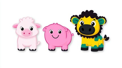 Adorable Pixel Art Animals Pink Pig, White Lamb, and Yellow Lion Cub