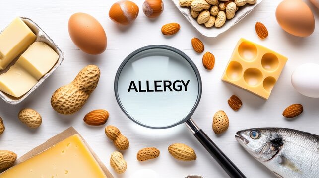A collection of food items highlighting potential allergens, with a magnifying glass focusing on the word "ALLERGY.