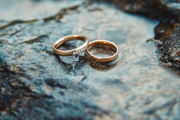 Two gold wedding rings rest on a wet, textured stone surface. Use this image for wedding invitations, blog posts, and related content.