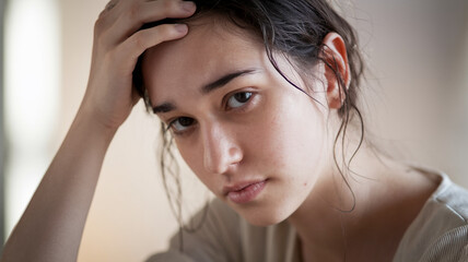 Naklejka premium Close-up portrait of a young woman with dark hair, hand on forehead, showing a pensive expression, conveying introspection and contemplation