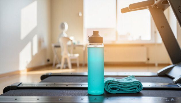 Home gym essentials with water bottle and towel, healthy lifestyle