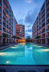 Fototapeta premium Luxury apartment complex with inviting swimming pool, lifestyle, relaxation