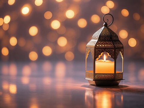 A beautifully crafted Moroccan lantern with a glowing candle, set against warm golden bokeh lights. Perfect for Ramadan, Eid, spirituality, and festive decor themes.