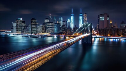 Fototapeta premium Night cityscape of NYC, Brooklyn Bridge, illuminated skyscrapers. Possible use Stock photo for travel, tourism, or urban landscapes