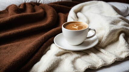 Cozy Mornings: A Cup of Latte Art nestled on Soft Blankets, inviting Comfort and Warmth to Start the Day.