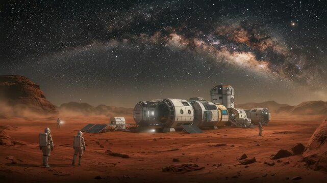 Mars exploration and colonization concept. Futuristic base on red planet under starry sky with Milky Way. Astronauts near habitat modules for space mission