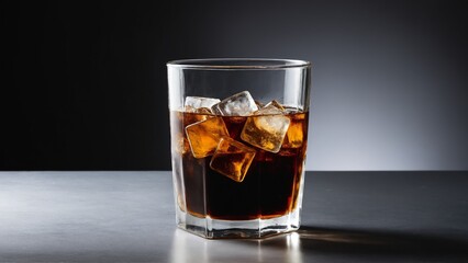 Refreshing Cola: A Crisp Glass of Iced Soda Against a Dark Backdrop for an Invigorating Thirst-Quenching Moment.
