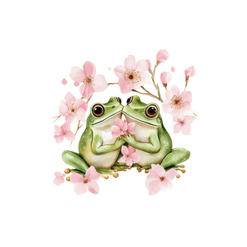 Cute frog couple cartoon in love. Watercolor clip art isolated on white background