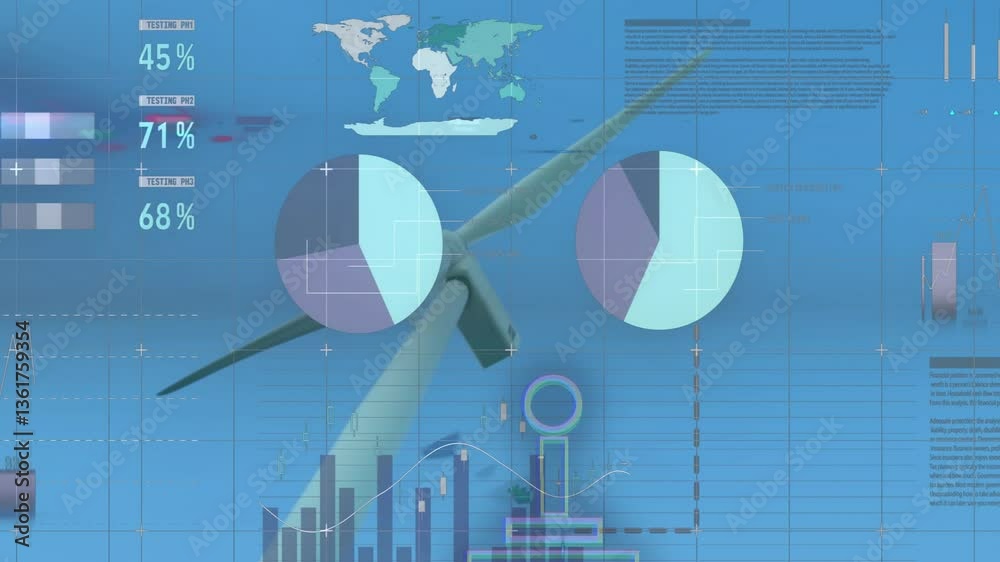 Poster animation of wind turbine with data charts and graphs overlaying global statistics