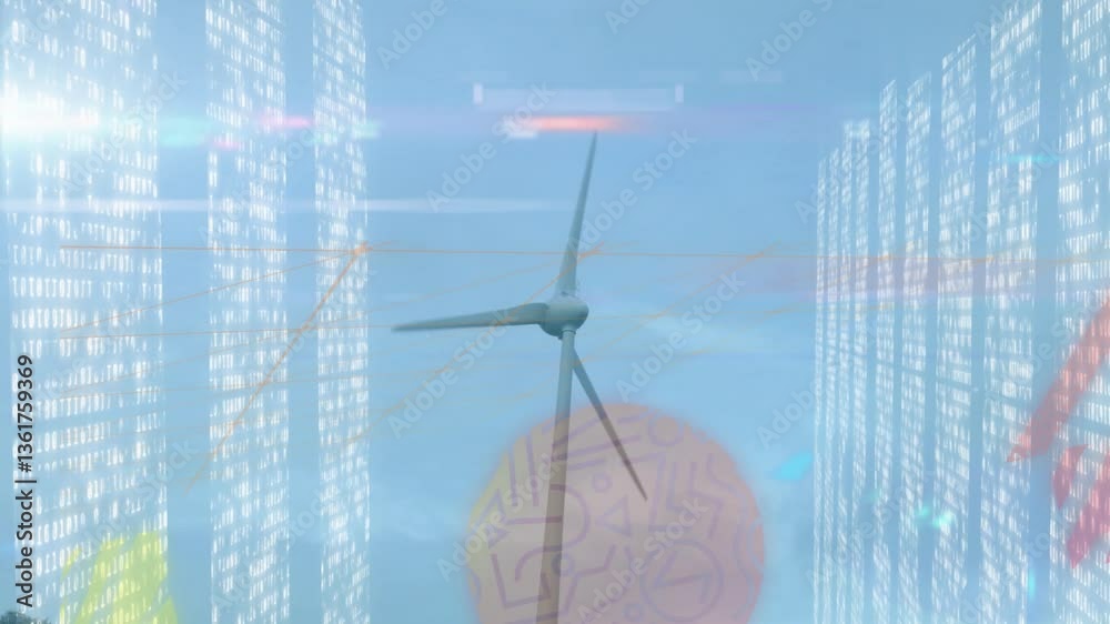 Poster animation of wind turbine spinning with digital data streams and abstract patterns