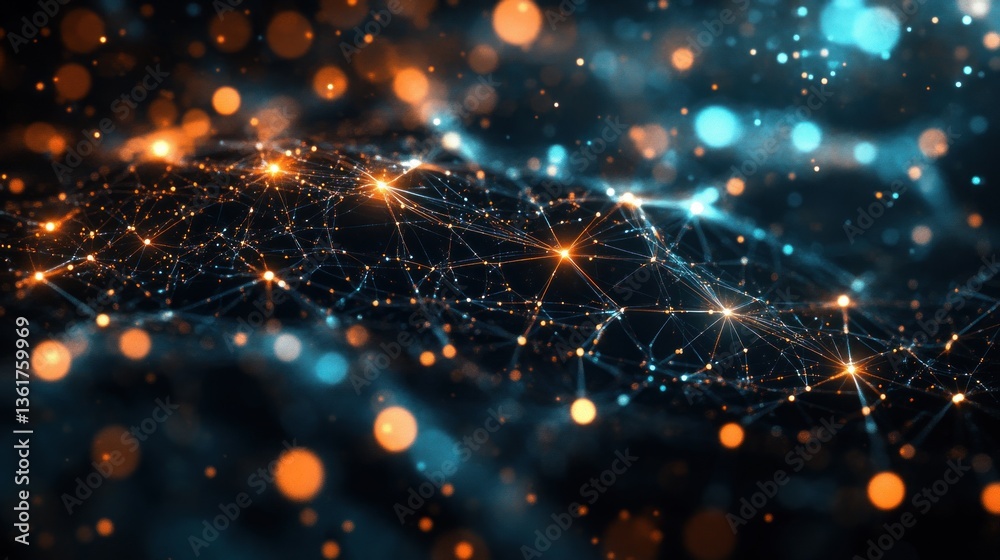 Poster futuristic interconnected network visualization with glowing nodes and complex data connections symb