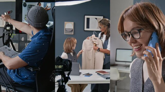 Split screen of film making process, director adjusting shot, stylist discussing outfits and actress talking on phone