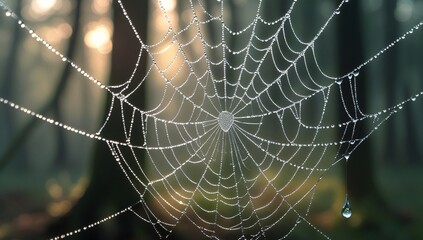 Morning spider web with dew drops in a garden