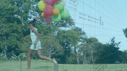 Child running with balloons in animation over data visualization in school - Powered by Adobe