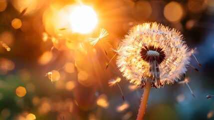 Dandelion Seeds Blowing in the Warm Sunset Light