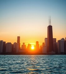Obraz premium Stunning Chicago skyline viewed from Lake Michigan at sunset, buildings, reflection