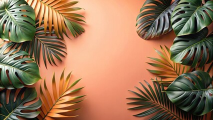 Naklejka premium Tropical Paradise An Arrangement of Lush Green and Golden Palm Fronds on a Peach Background