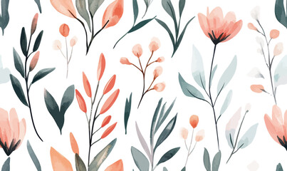 Ethereal Watercolor Wildflowers and Leaves Seamless Pattern Vector Art