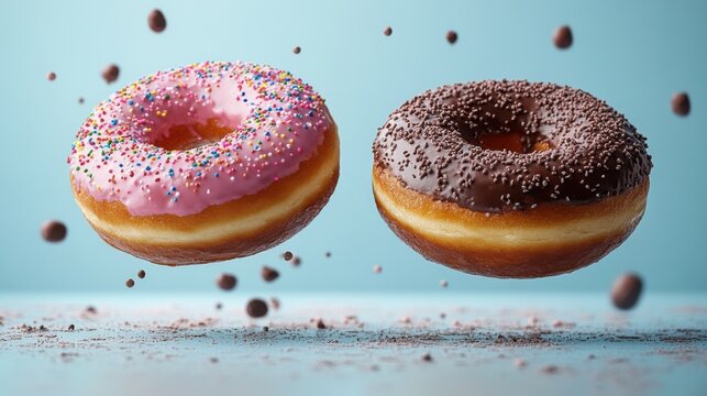 Two Donuts Levitating on Light Blue Background, One Pink and One Chocolate with Sprinkles