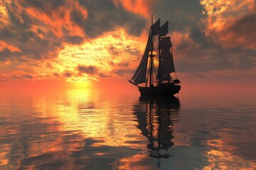 Fototapeta premium Sailing ship silhouette on calm waters, with a vibrant orange and yellow sunset. Depicting serenity, adventure, or the beauty of maritime travel experiences.