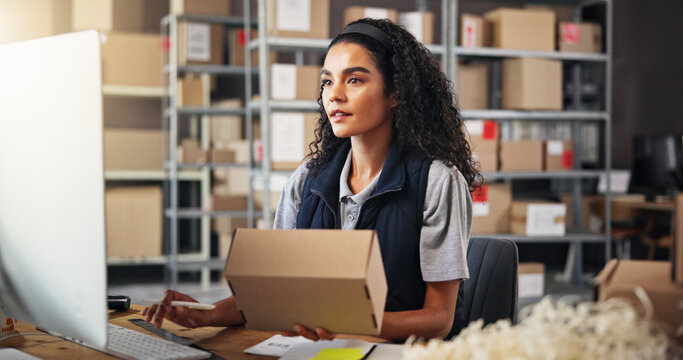 Woman, computer and box for warehouse distribution of inventory management, online order and stock. Person, digital and package for supply chain, quality control and information for delivery schedule