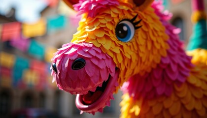 Colorful piñata horse with a joyful expression in a festive backdrop