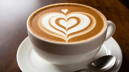 A Morning Moment: Delight in the Artful Latte with Heart-Shaped Foam, Presented on a Saucer with Gentle Warmth.