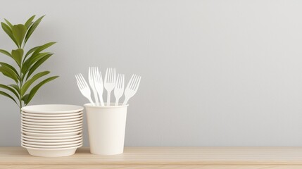 A modern, minimalist setting featuring stacked plates, a cup of forks, and a green plant against a neutral backdrop, Eco-Friendly Packaging  cup.
