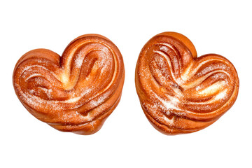 Two Sweet buns with sugar in the shape of a heart, Isolated on a transparent background, Flat lay