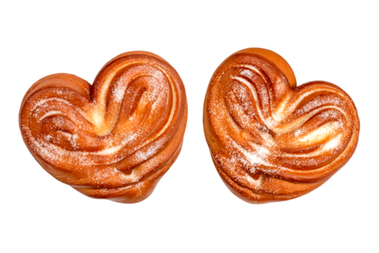 Two Sweet buns with sugar in the shape of a heart, Isolated on a transparent background, Flat lay