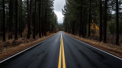 Obraz premium An asphalt road winds through an autumn forest landscape, the trees displaying yellow and green leaves under a rural sky during the fall season