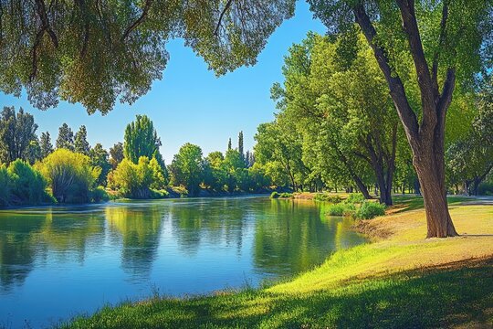 Modesto California: Vibrant Summer Landscape with Green Trees along Toulumne River