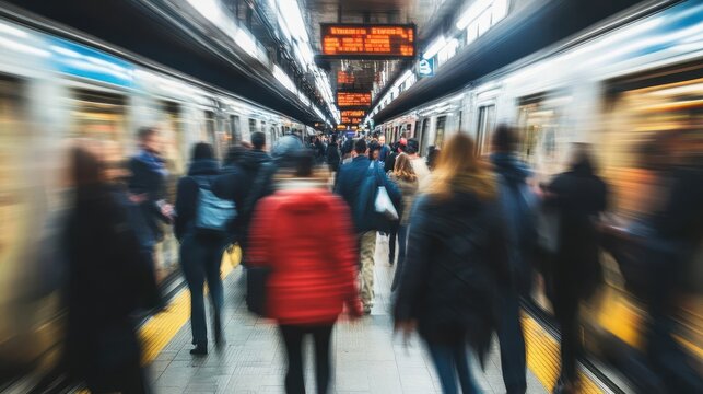 Blurry image depicts people walking through a subway station platform