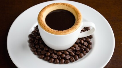 Fototapeta premium An Exquisite Coffee Creation: Dark Roast Infusion in a Cookie Cup Resting on Freshly Roasted Coffee Beans.