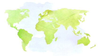 Artistic illustration of the world map in watercolor style, featuring green tones on a soft, light background. Perfect for graphic projects, editorial designs, decorations, and geographical or environ