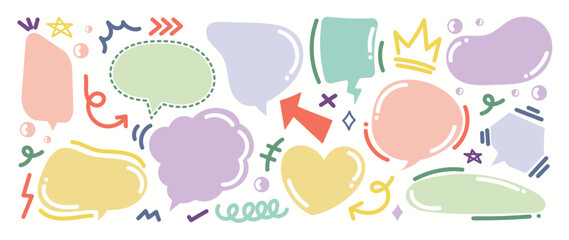Set of doodle and speech bubble vector. Collection of contemporary figure, speech bubble, arrow, sparkle, crown. Chat design element perfect for banner, print, sticker, cartoon, comic.