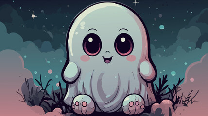 Obraz premium Adorable kawaii ghost with big eyes in a magical night scene