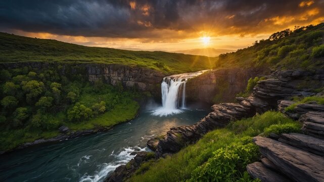 A stunning waterfall cascading into a river, illuminated by a dramatic sunset over lush greenery.