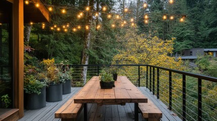 Rustic Deck with String Lights and Forest View