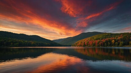 A serene sunset over a tranquil lake, reflecting vibrant colors and surrounding mountains.