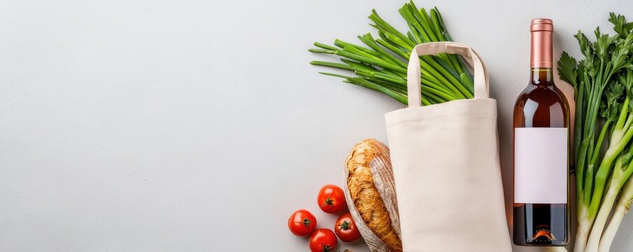 Fresh groceries including vegetables, a bottle of wine, and a bag, arranged neatly on a light background, promoting healthy eating and lifestyle choices, Eco-Friendly Packaging  cup.