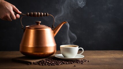 Brewing Moments: A Copper Kettle Steams Beside a Waiting Cup of Coffee Amidst Scattered Roasted Beans, a Rustic Still Life.