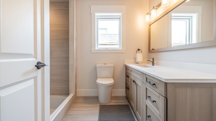 Modern bathroom interior, white walls, light fixtures, vanity, and shower.  Possible use Home design inspiration