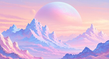 Pastel mountainscape dreamy sunset soft light. AI Generated